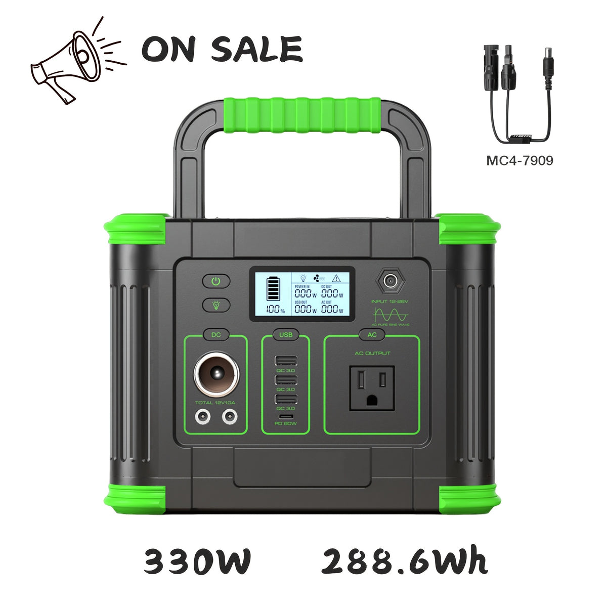 Portable Power Station 330W, Solar Power Bank 288.6Wh, Battery Power Station with 110V Pure Sine Wave Output, Fast Charging, Battery Backup Supply for Home Backup, Emergencies, Camping, And Outdoor Adventures
