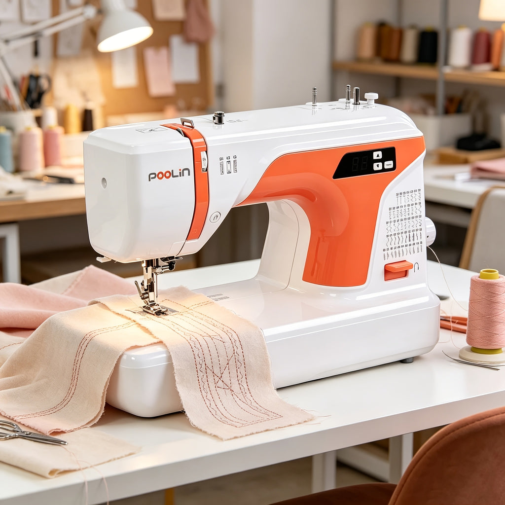 Poolin EOC01-RE Electronic Sewing Machine, Heavy Duty 100 Stitches, 6 Presser Feet, Reverse Stitching Come with Self-Threading And Twin Needles Sewing Supplies Kit Free Service DIY Craft Hobby for Home Business Use Craft Lover Gifts for Wedding