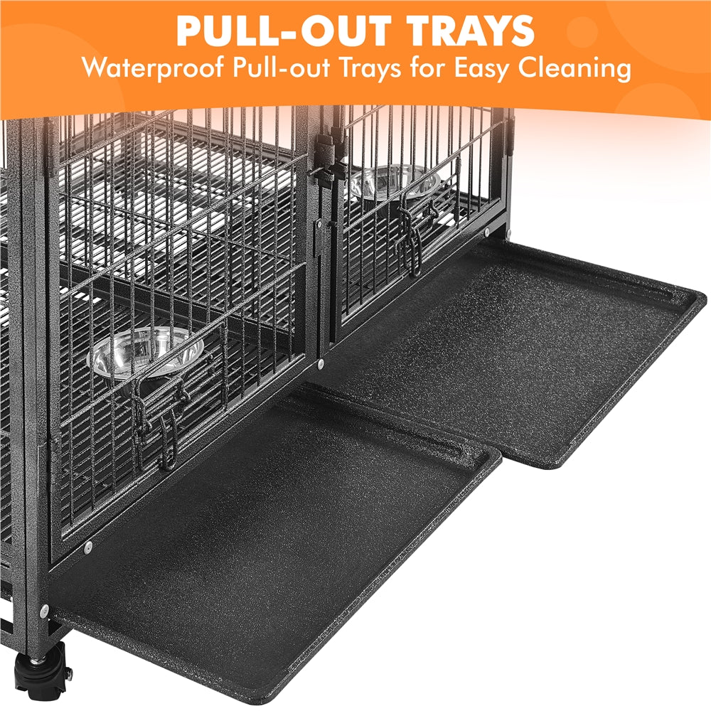 Costoffs Halloween 29/35"H Rolling Dog Crate Rolling Heavy Duty Dog Cage with 2 Stainless-steel Bowls, Removable Divider, 2 Pull-out Trays for Dogs, Black
