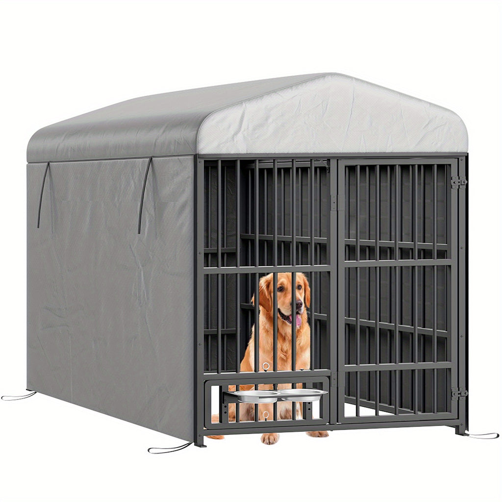 Large Outdoor Dog Kennel Measuring 70.87 Inches in Height, 78.74 Inches in Width, And 47.24 Inches in Depth, Equipped with Two Food Bowls And a Secure Lock. This Heavy-Duty Dog Crate Furniture Is Designed for Medium to Large Dogs And Features a And