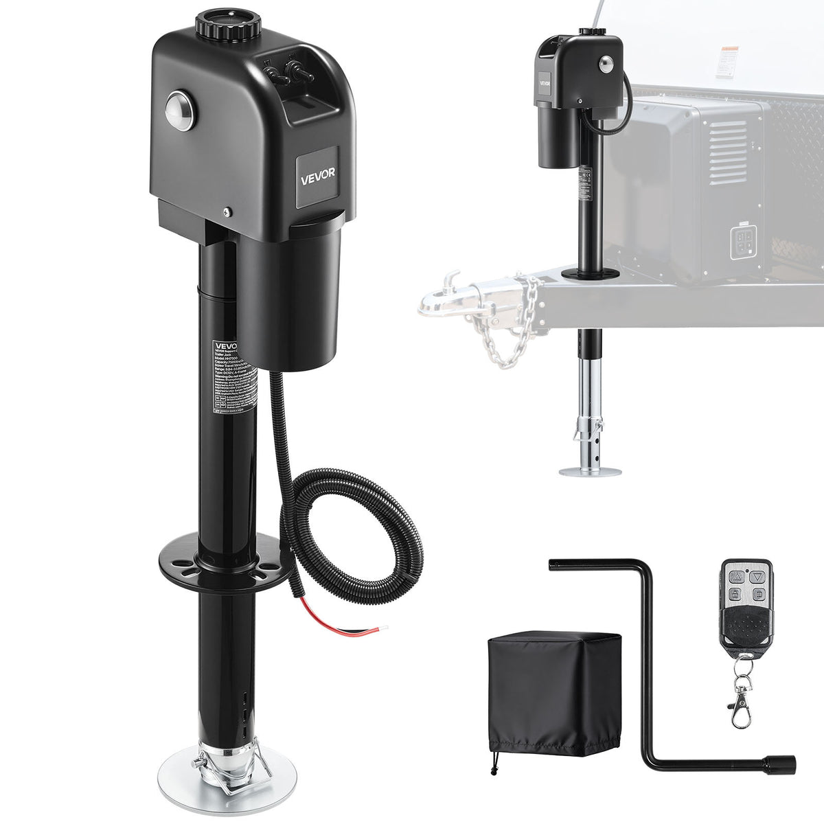 VEVOR Electric Trailer Jack, 7500 lbs Capacity, Electric Power Tongue Jack with Protective Cover & LED Light for Travel Trailer, Camper, RV, 9.84-27.84 in Lift, 12V DC with Wiring, Black