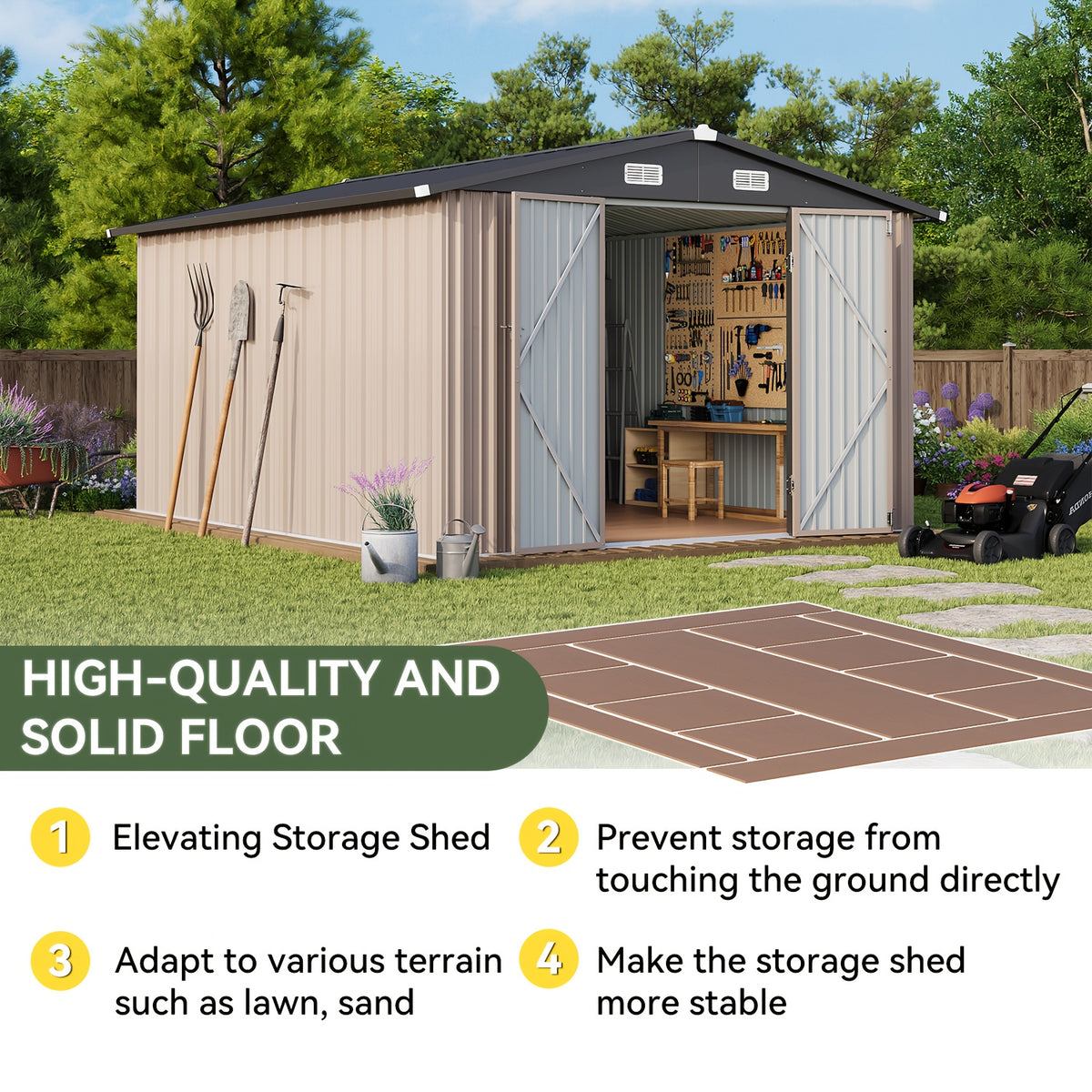 [Outdoor Storage Shed] ULSMVOC 10X12/10X8/8X6/6X4 FT Outdoor Storage Shed With Floor - Metal Garden Shed With Lockable Door And Sloped Roof For Garden, Backyard, Patio, And Backyard Brown