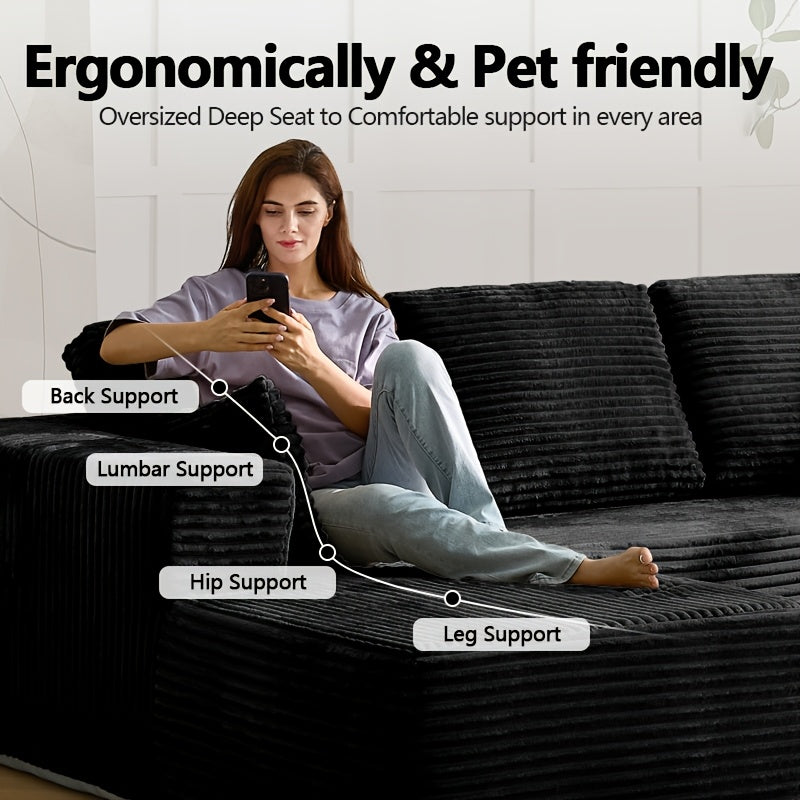 96" L-Shaped Sofa with Chaise, 65" Single Noble Consort Sofa Chair. Minimalist Compressed Boneless Sofa No Assembly Required, Modular Cloud Sectional Sofa for Living Room Bedroom, Right Facing Chaise, Plush Corduroy
