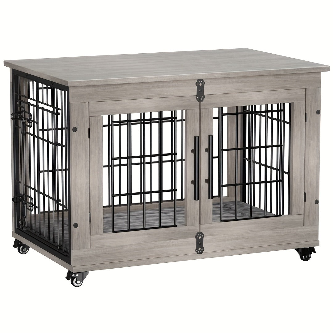 43/36/29/27in Furniture-style Wooden Dog Crate with Anti-Slip Mat, Adjustable Door, Secure Lock, Available In Gray/Brown, Easy to Move with Wheels Or Stable with Anti-Slip Foot Pads, Easy to Clean Pet Cage, Ideal for Home, Living Room Or Bedroom