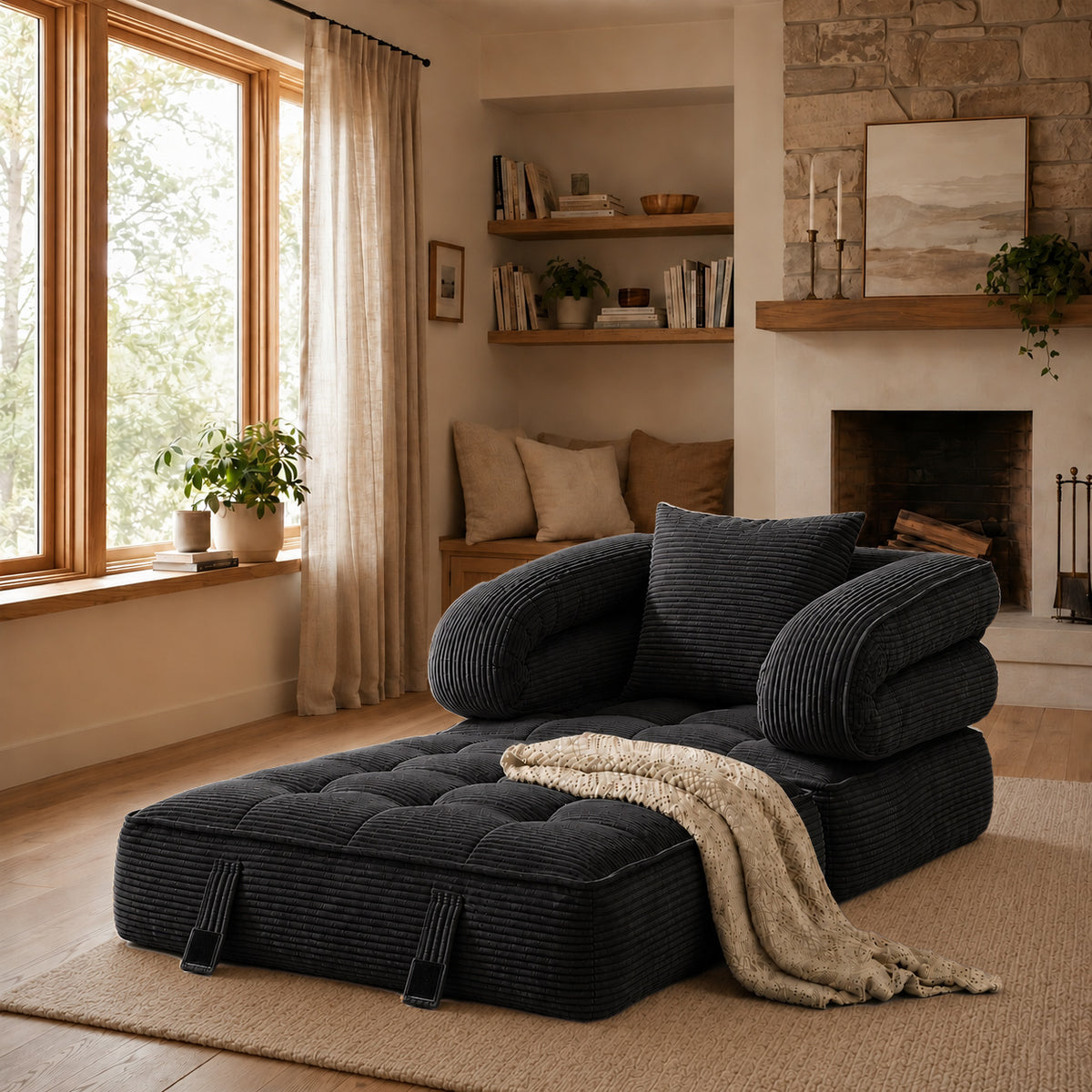 3-in-1 Convertible Folding Sofa Bed, Floor Futon Couch Cloud Shaped Corduroy Upholstered, High-Density Foam Ultra-Soft Comfy Lounge Bean Bag Chair, Versatile Pull-Out Sleeper for Living Room Guest