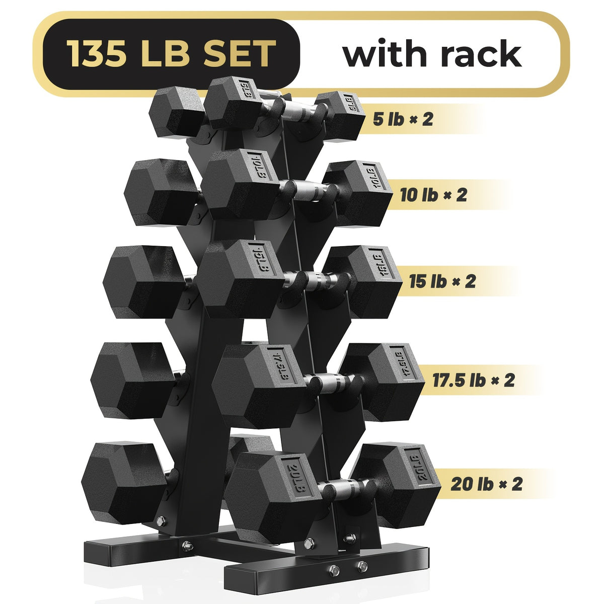 Dumbbell Set, Rubber Coated Hex Weights with Rack for Strength Training and Home Gym Exercise, 60-230 lb Options