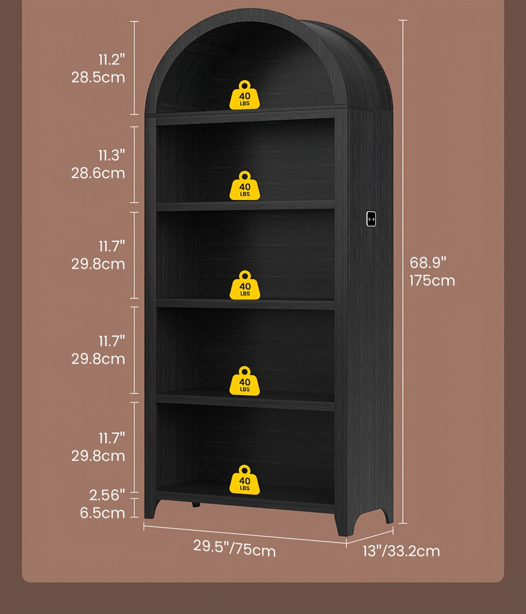 68.9" Arched Display Bookshelf Cabinet - 5-Tier Open Storage Shelf, Freestanding Tall Bookcase for Living Room, Dining Room Or Office (Multiple Finishes)