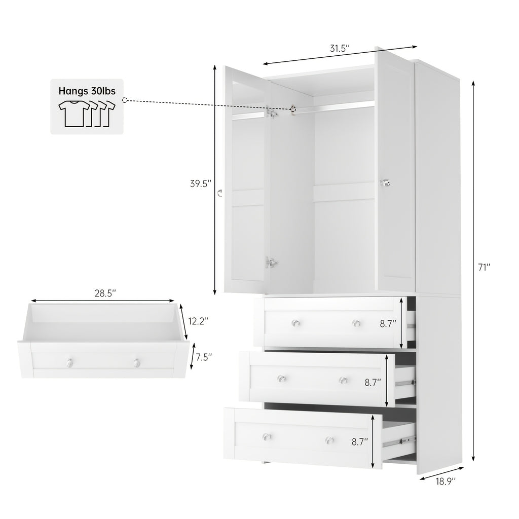 31.5" /47.3"/63" Wardrobe Armoire Closet with Mirror & Hanging Rod, Large Drawers & 2/3/4 Doors