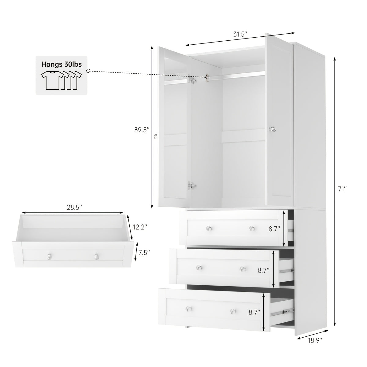 31.5" /47.3"/63" Wardrobe Armoire Closet with Mirror & Hanging Rod, Large Drawers & 2/3/4 Doors