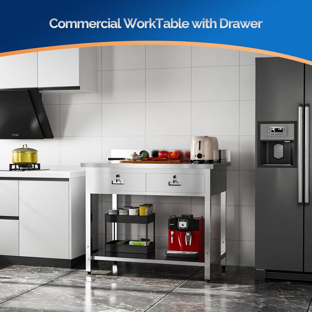 MEFEIR 42"x26" Heavy Duty Stainless Steel Commercial Prep Table with 2 Drawers & Undershelf - for Kitchen, Restaurant, Home, Garage