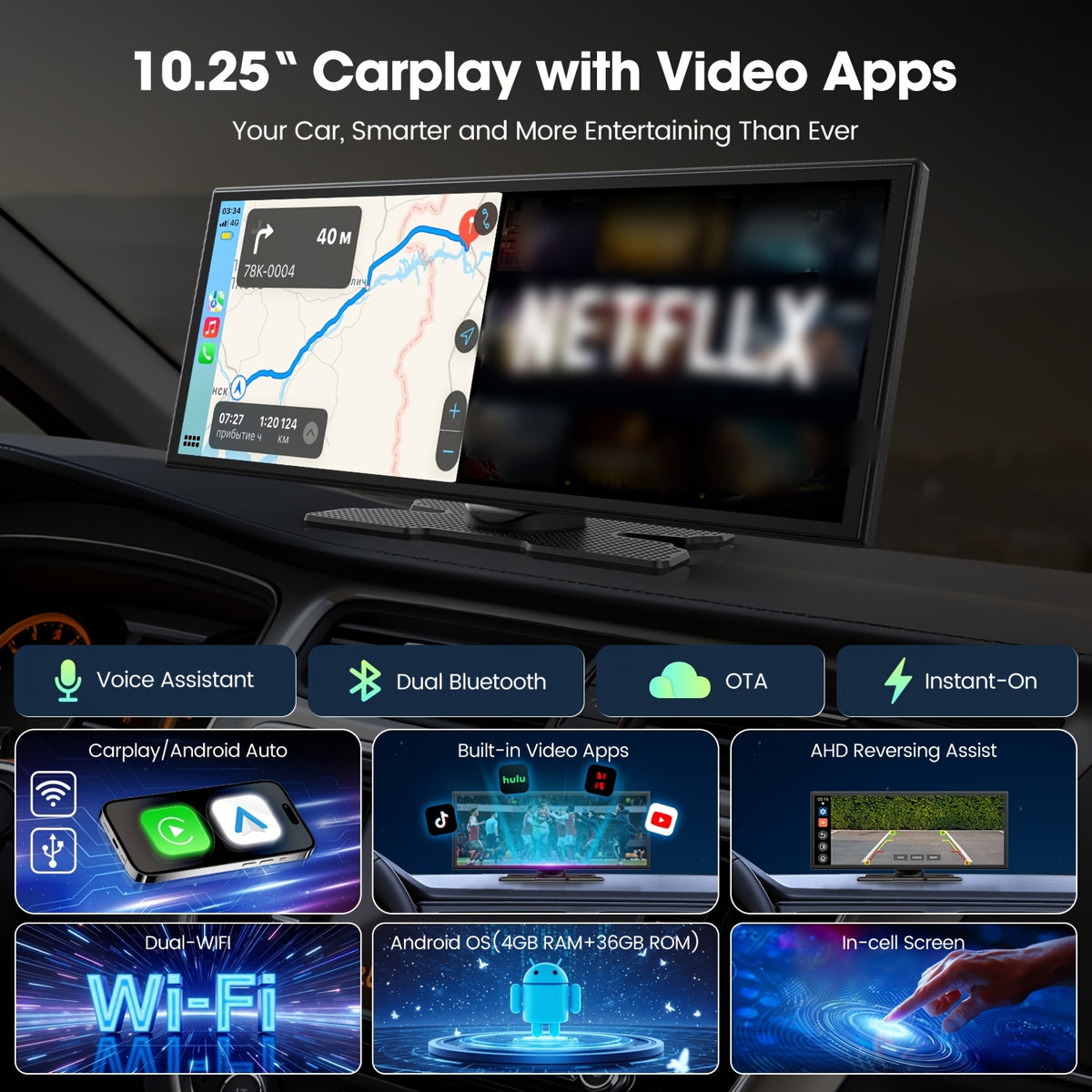 CarPlay Screen — LAMTTO 10.25-Inch In-Cell Display for Wireless Phone Integration and In-Car Apps