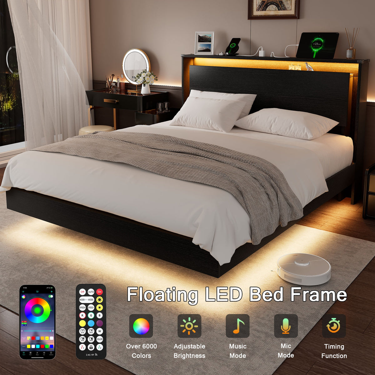 Floating Bed Frame with LED Lights & Charging Station, Heavy Duty Metal Support Frame, Easy Assembly, Bed Frame Without Mattres