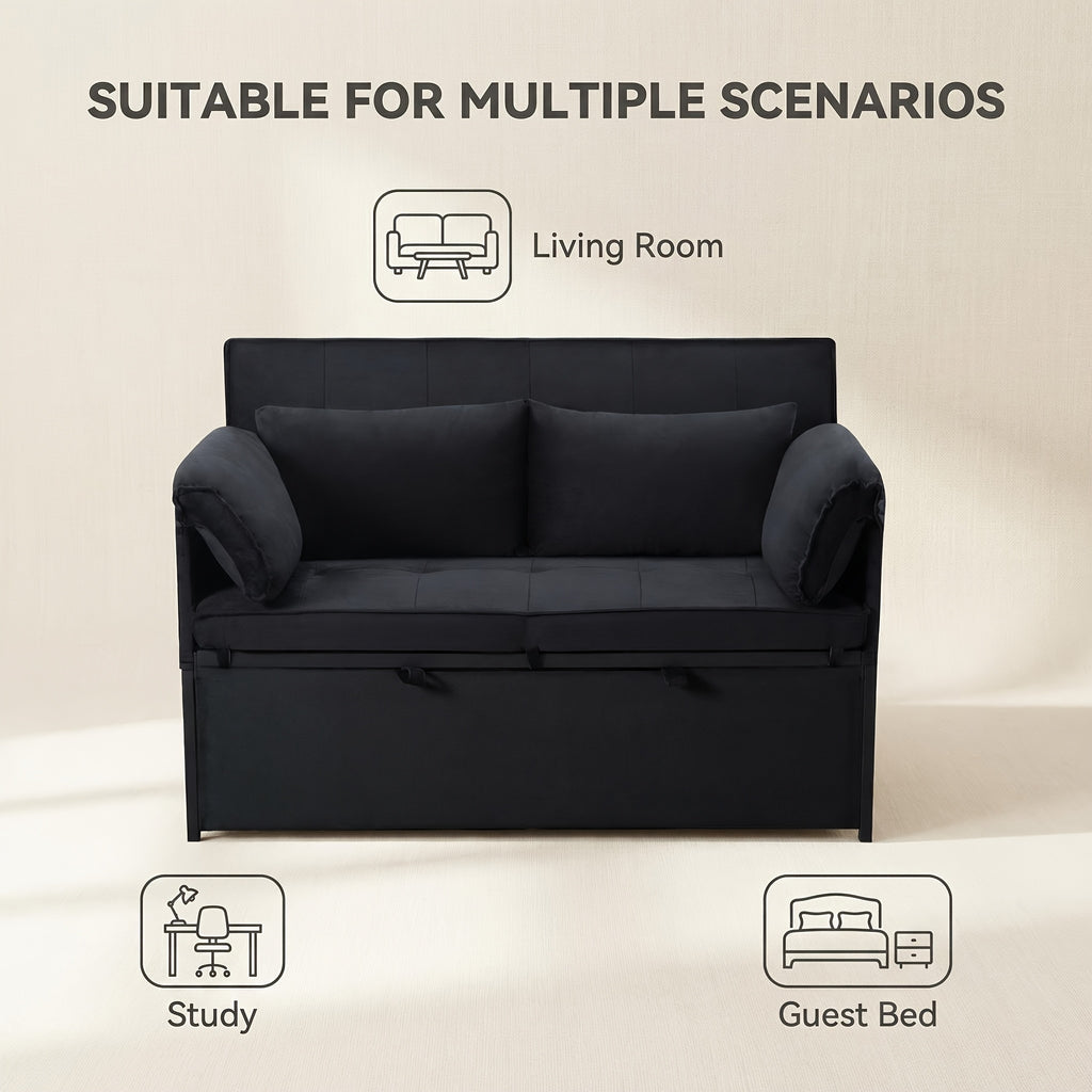 3-In-1 Pull-Out Sofa Bed, 5-Position Adjustable Backrest Velvet Futon Couch with Side Storage Pockets, Metal Frame Sleeper Sofa for Small Apartment, Dorm, Guest Room, 3 Colors Available
