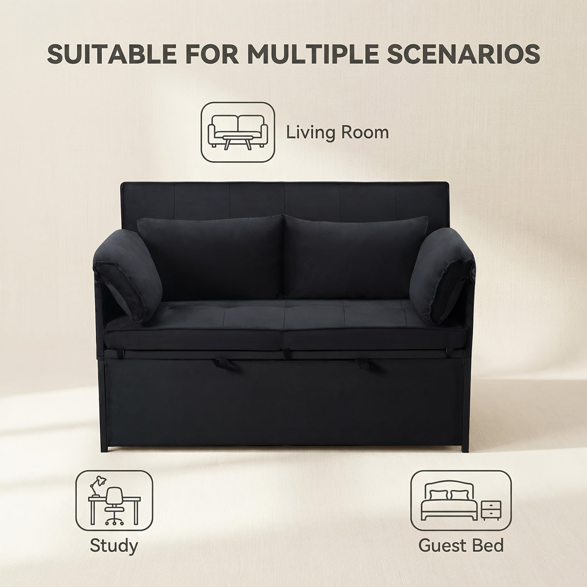 3-In-1 Pull-Out Sofa Bed, 5-Position Adjustable Backrest Velvet Futon Couch with Side Storage Pockets, Metal Frame Sleeper Sofa for Small Apartment, Dorm, Guest Room, 3 Colors Available