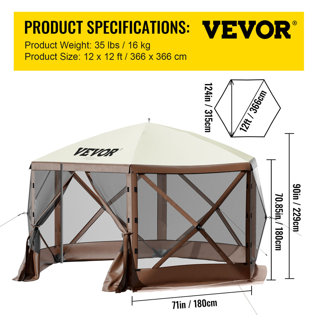 VEVOR Pop-Up Screen Gazebo Tent in 10 ft or 12 ft Sizes for Camping, Picnics and Backyard Gatherings