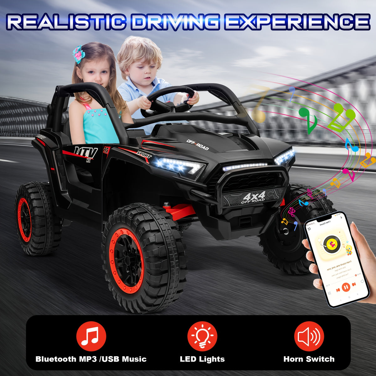 24V Ride-On Car, 2-Seater XL 4X4 Off-Road UTV with Powerful Motors, Remote Control, Music, LED Lights, 20" Wide Seat, 24 Volt Ride-On Toys for Big Kids