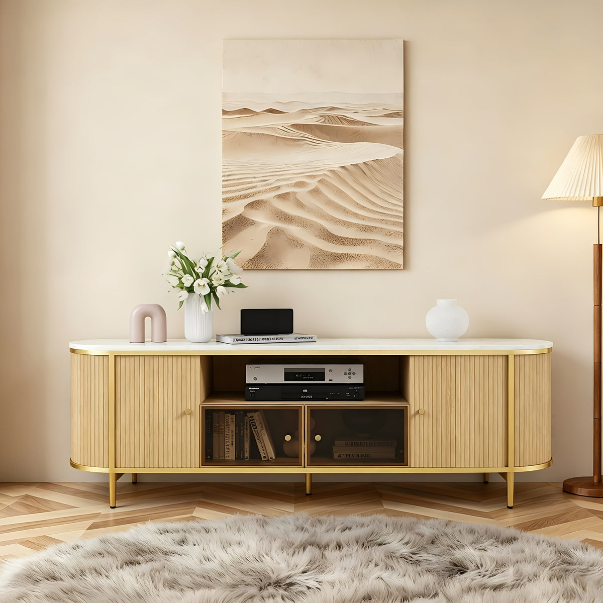 Luxury 70" Fluted Fireplace TV Stand, Modern Chic Entertainment Center for TVs Up to 80 Inches, TV Console with Faux Marble Top, Curved Profile Design, Media Console for Living Room