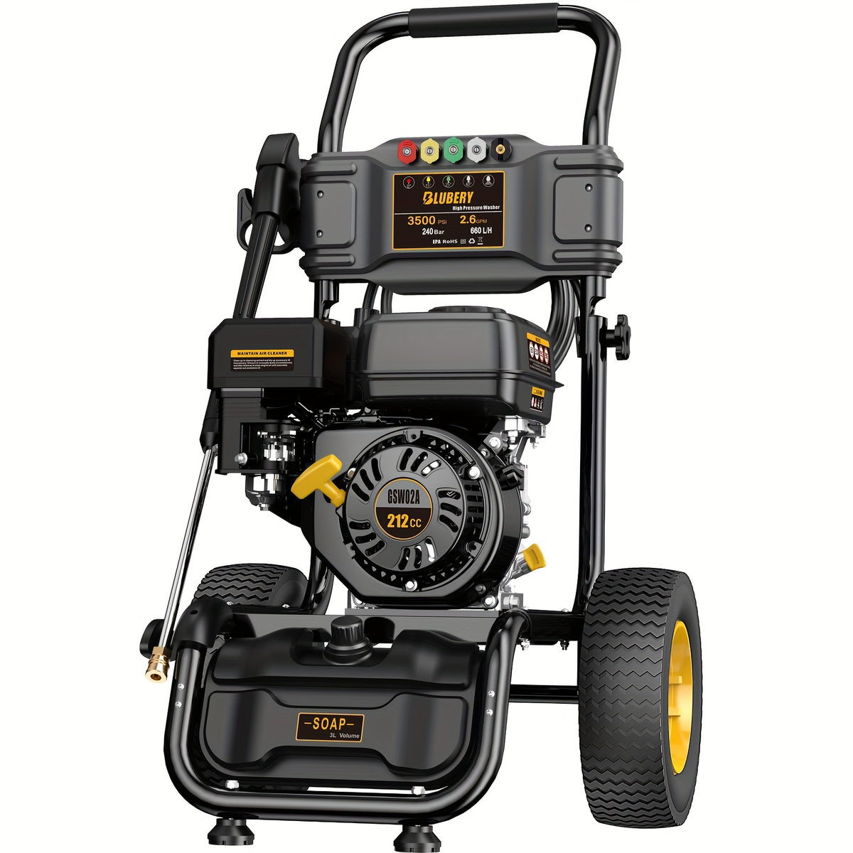 BLUBERY 3500 PSI Cold Water Gas Pressure Washer, 2.6 GPM Pressure Washer, 30Ft Pressure Hose, Black, Without Battery