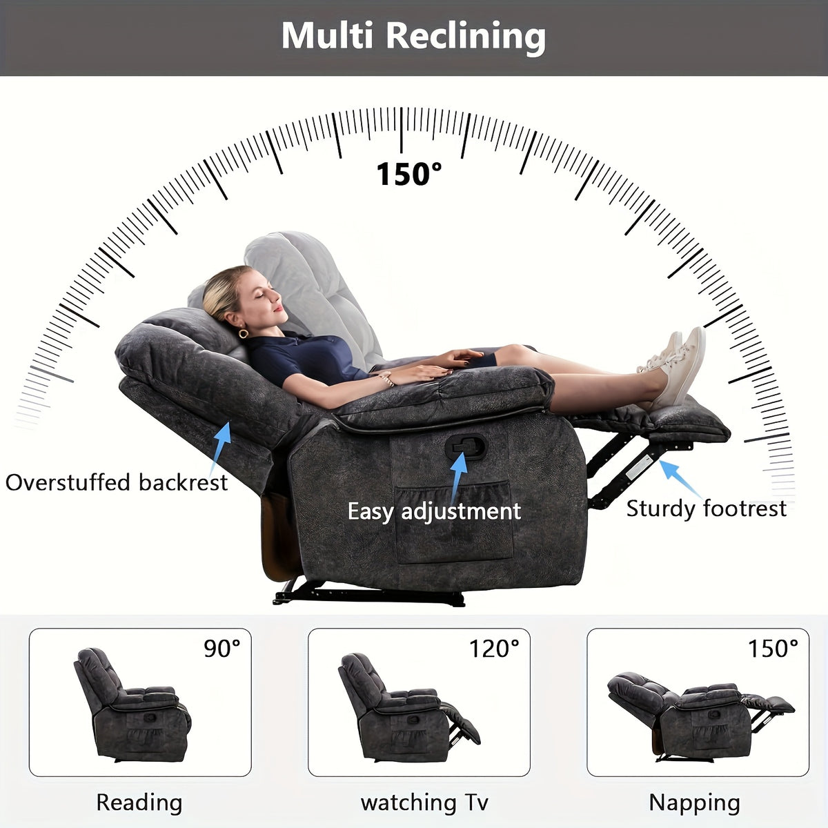 Large Manual Recliner with Massage And Heating Functions, Sofa with Side Pockets, Suitable for Living Room And Bedroom