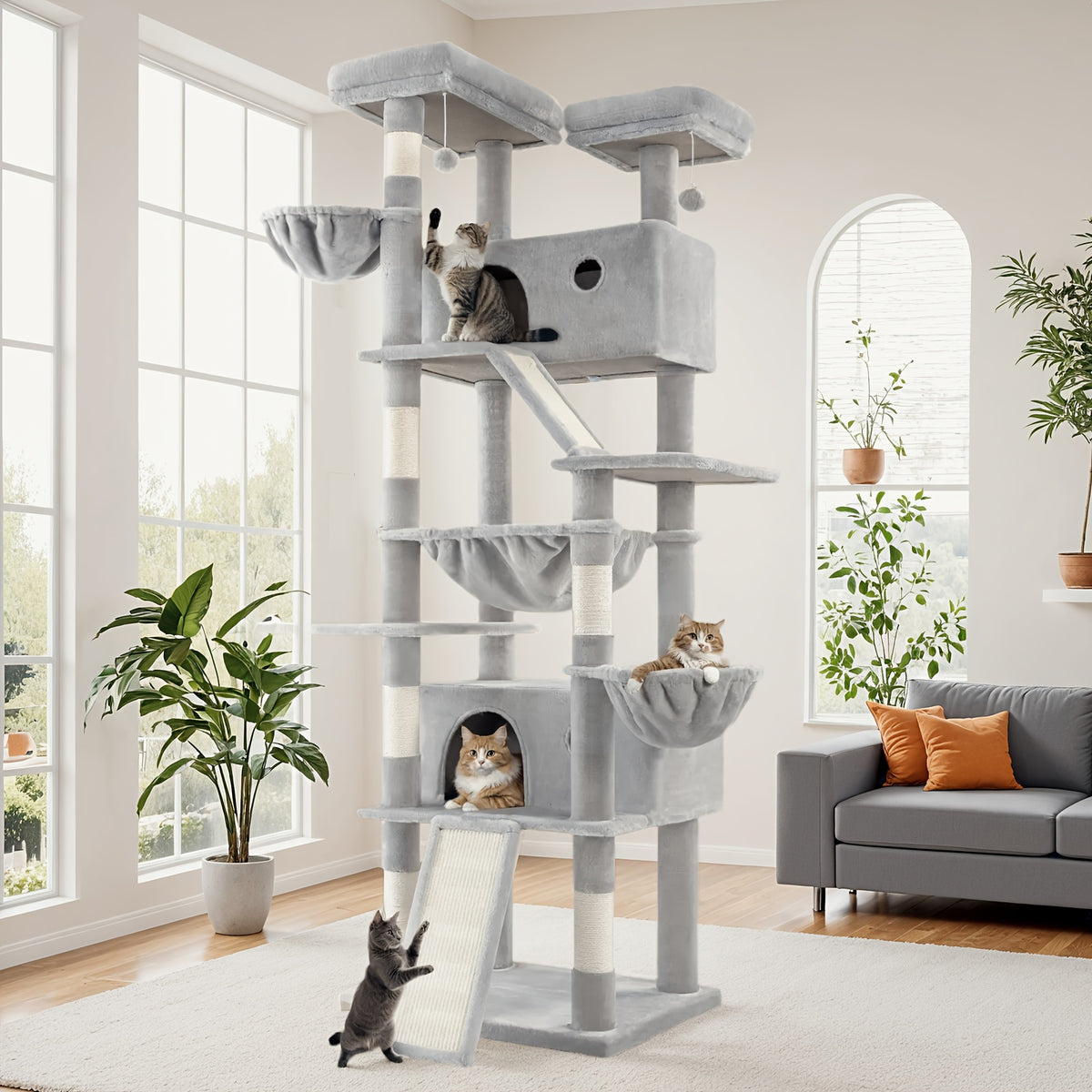 HOOMIC 81-Inch Multi-Level Tall Cat Tree for Indoor Cats/ Large Cat Tower with Plush Condo/ Hanging Hammock & Basket/ Comfortable Cat Perches/ Sisal Scratching Posts/ Sturdy Base/ Spacious Play House/ Pet Furniture/ Free Shipping