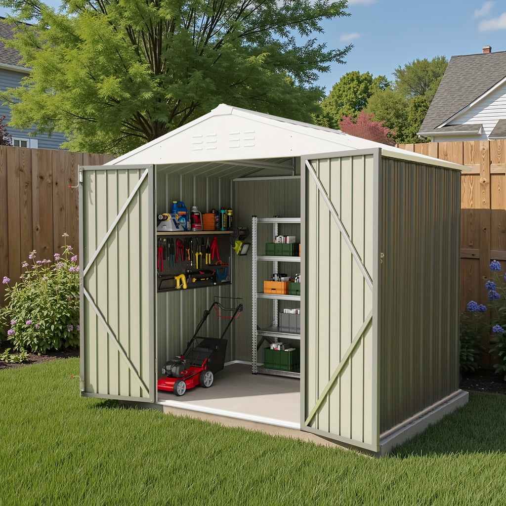 GUNJI 8X6 FT Outdoor Steel Storage Shed with Lockable Doors, Compact Small Bike Shed, Ideal for Garden, Backyard, Swimming Pool, Patio Utility And Tool Storage