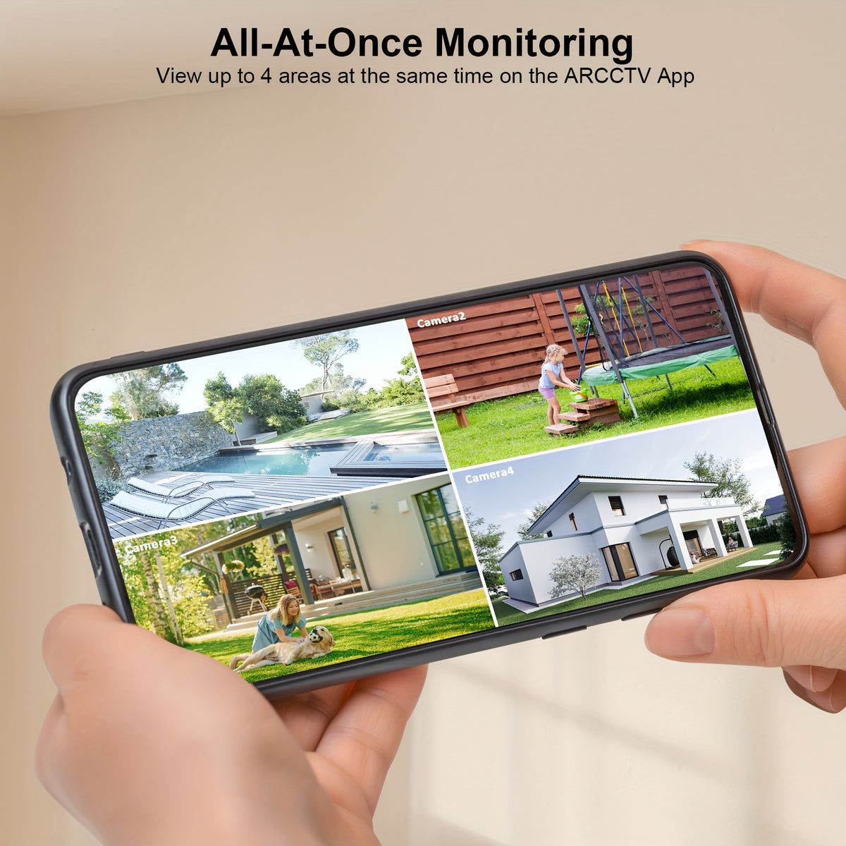 ARCCTV Cam 4-Cam Kit, Security Camera Outdoor Wireless, 2K Camera with Integrated Solar Panel, Forever Power, Smart Siren & Spotlights, 2-Way Audio, App-Controlled (Wi-Fi), 4MP Face Recognition AI, 5G & 2.4 GHz Wi-Fi, No Monthly Fee