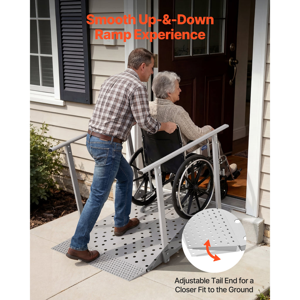VEVOR Wheelchair Ramp with Handrails, 44.9 x 33.5 in, Heavy Duty Aluminum Handicap Ramp, 440 lbs Capacity, Non-Slip Portable Threshold Ramps for Home Steps, Stairs, Doorways, Curbs, Walkers, Scooters