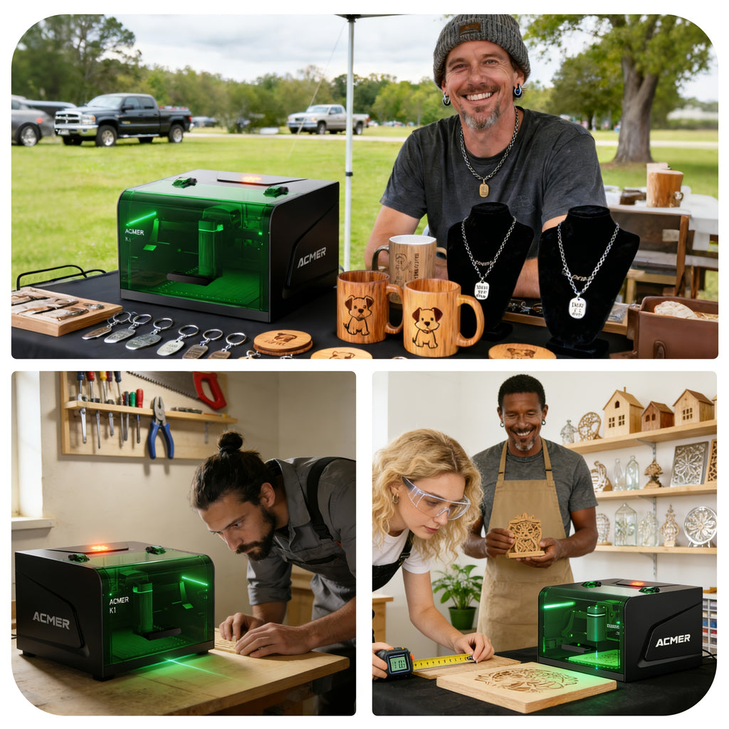 ACMER K1 Laser Engraver: A 2500mW Desktop Laser Engraving Machine With A 150×150mm Working Area And A 0.08mm Fine Engraving Spot. This Compact Laser Cutter Is Ideal For Wood, Plywood, And Acrylic Materials, Meeting The Needs Of Crafters And Small Bu