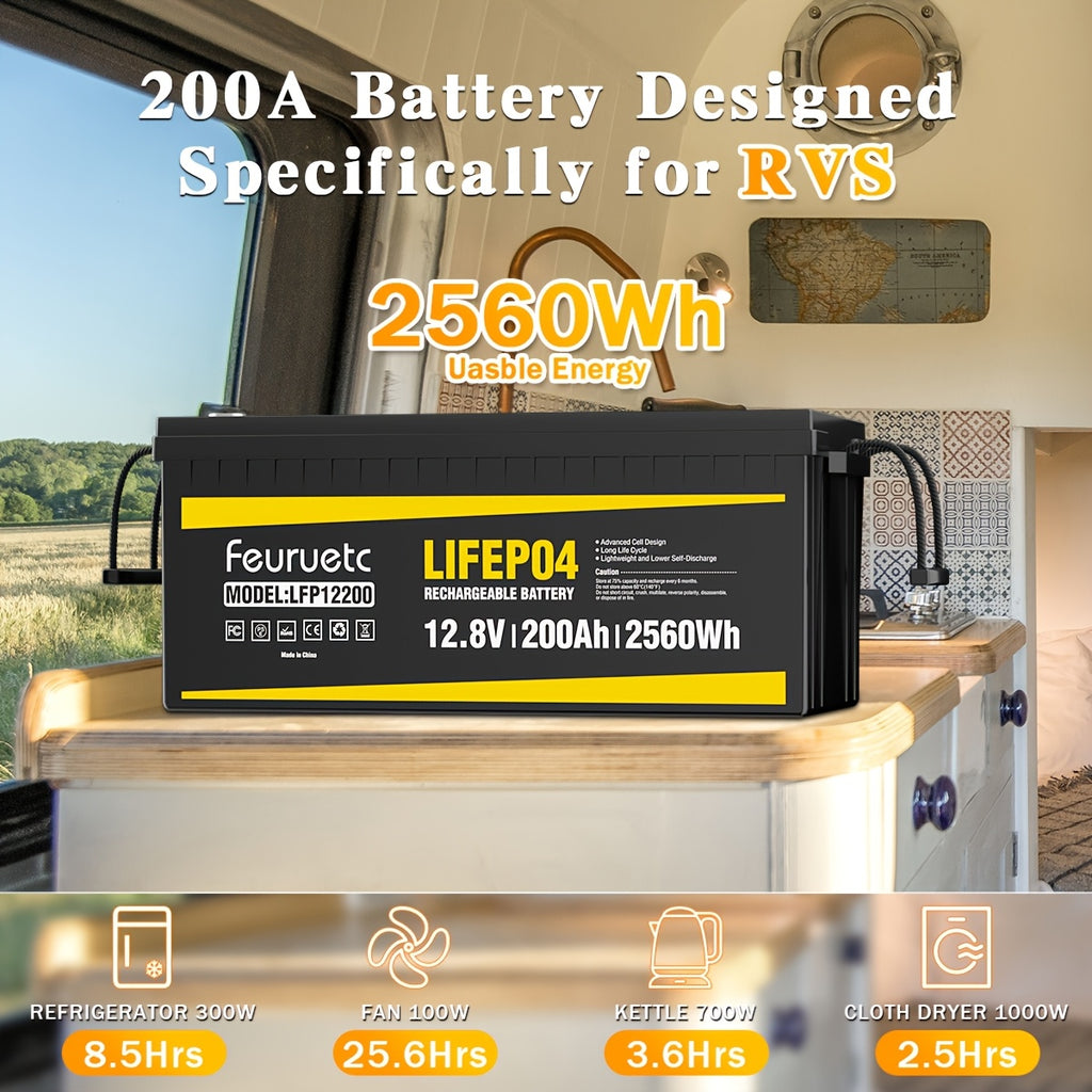 Feuruetc 12V LiFePO4 Lithium Iron Phosphate Battery, Available in 100Ah or 200Ah Capacity Options, with Built-in BMS, Over 15,000 Cycle Life. Suitable for Solar Systems, RVs, Golf Carts, Marine Applications, and Off-grid Power Supply. A Lightweight