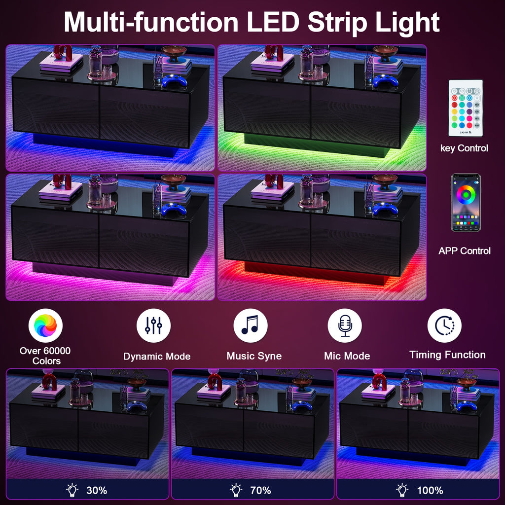 High Glossy LED Coffee Table, Modern Coffee Tables with Open Display Shelf And Sliding 2 Drawers, Rectangular Coffee Table with LED Lights for Living Room, Dining Room, White/Black