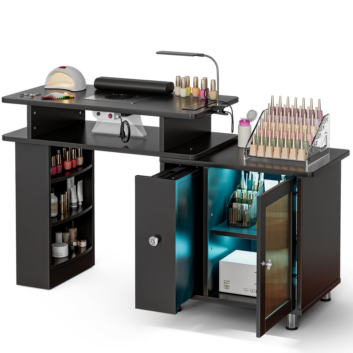 Paddie Manicure Table Nail Desk, Glass Cabinet Door Nail Table Station W/Dust Collector, Removable Acrylic Container, Cabinet And Drawer