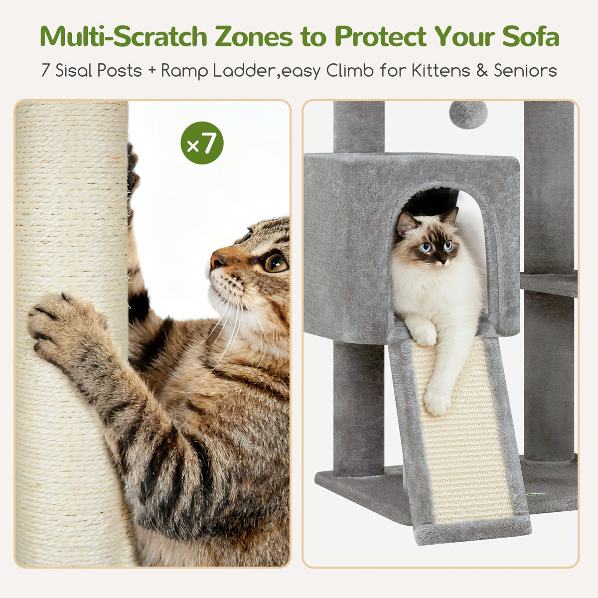 Globlazer 82-inch Cat Tower for Large Cats, Multi-Level Cat Tree for 4+ Indoor Cats with 3 Condos, 7 Sisal Scratching Posts, Scratching Board, 2 Hammocks & 3 Perches, S82D, Light Grey