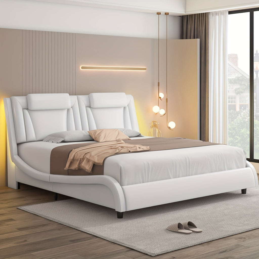 Upholstered Bed Frame Available in Full, Queen, And King Sizes Featuring an Adjustable Headboard, a Wavy Design, a Removable Backrest, And Solid Wooden Slats for Support, Eliminating The Need for a Box Spring, Offered in Faux Leather in White