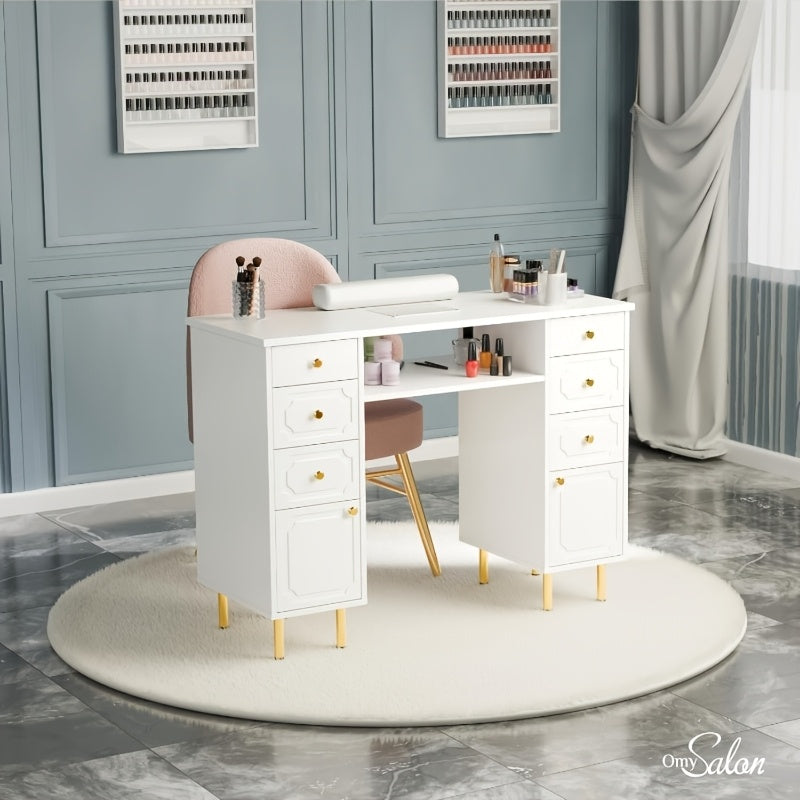 43.3''L Nail Desk for Nail Tech, Manicure Table with Storage Drawers & Wrist Cushion, Acetone Resistant for Salon and Home Nail Station