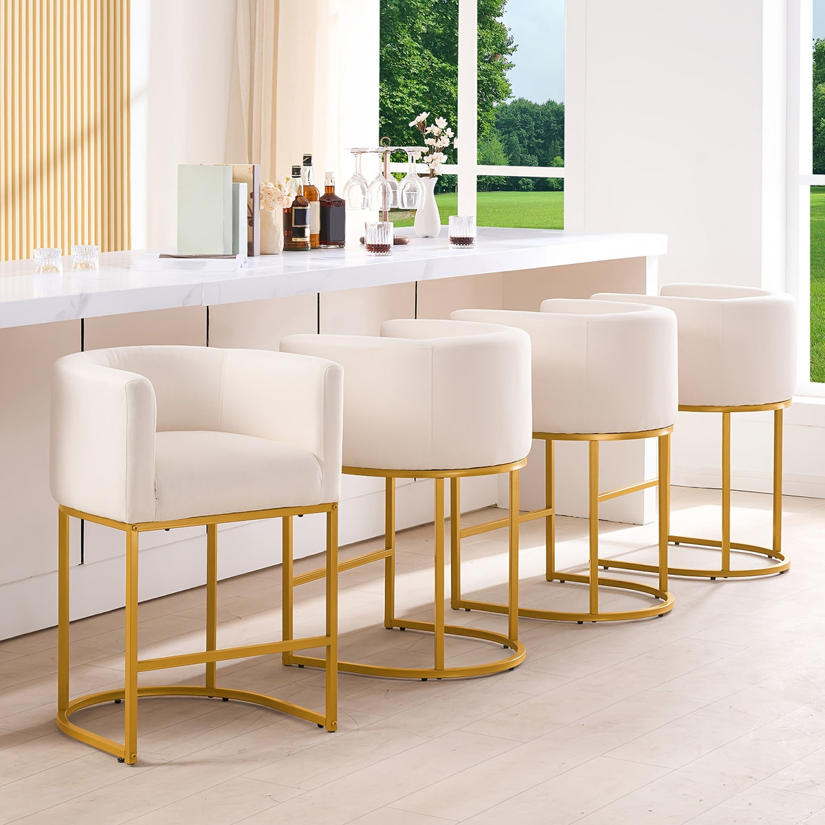26-Inch Tall Modern Barrel-Shaped Beige Bar Stool - Bar Stool with Ergonomic Backrest And Armrests, Linen And PU Fabric Cushion And Sturdy Black Metal Frame, Suitable for Kitchen Islands, Breakfast Bars, And Home Decoration