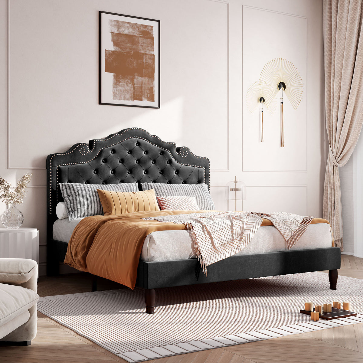 HOOMIC Full/Queen/King Size Bed Frame with Adjustable Velvet Tiara Headboard, Upholstered Diamond Button Tufted Platform Bed, Wooden Slats Support, No Box Spring Needed, Easy Assembly, Black