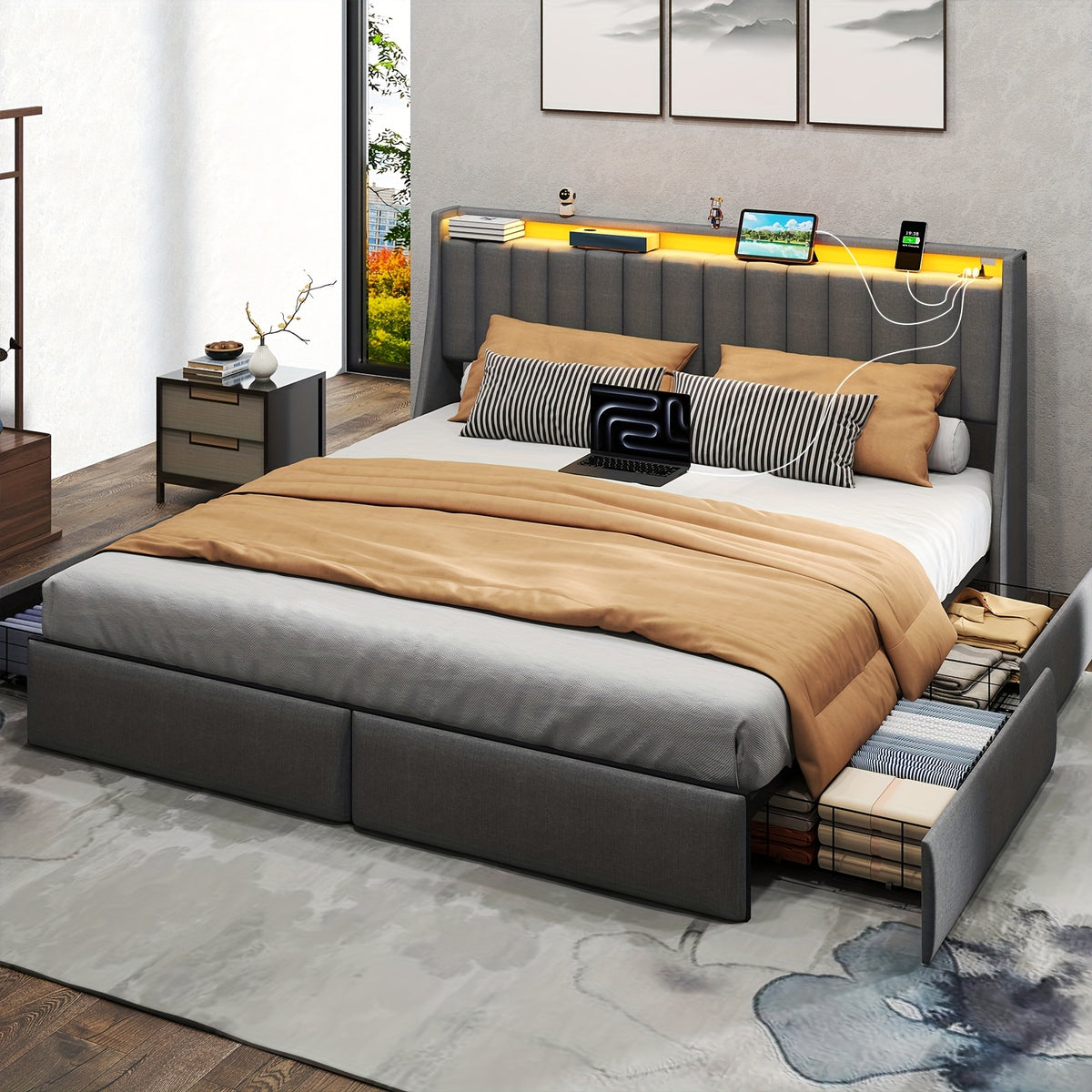 Full Queen King Bed Frame with 2 Storage Drawers And Luxury Wingback Upholstered Button Tufted Storage Headboard, Charging Station, Storage Headboard & LED Lights, Noise-Free-Dark Gray