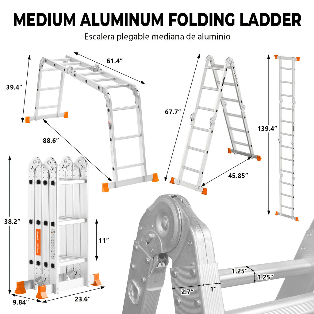 7-in-1 Foldable Convertible Aluminum Ladder, Dual Size Options M(139.4 Inch)/L(186.6 Inch) with Different Extended Length, Heavy-Duty Construction, Wear-Resistant Non-Slip Design, Sturdy Support Structure, Practical Extension Ladder for Indoor