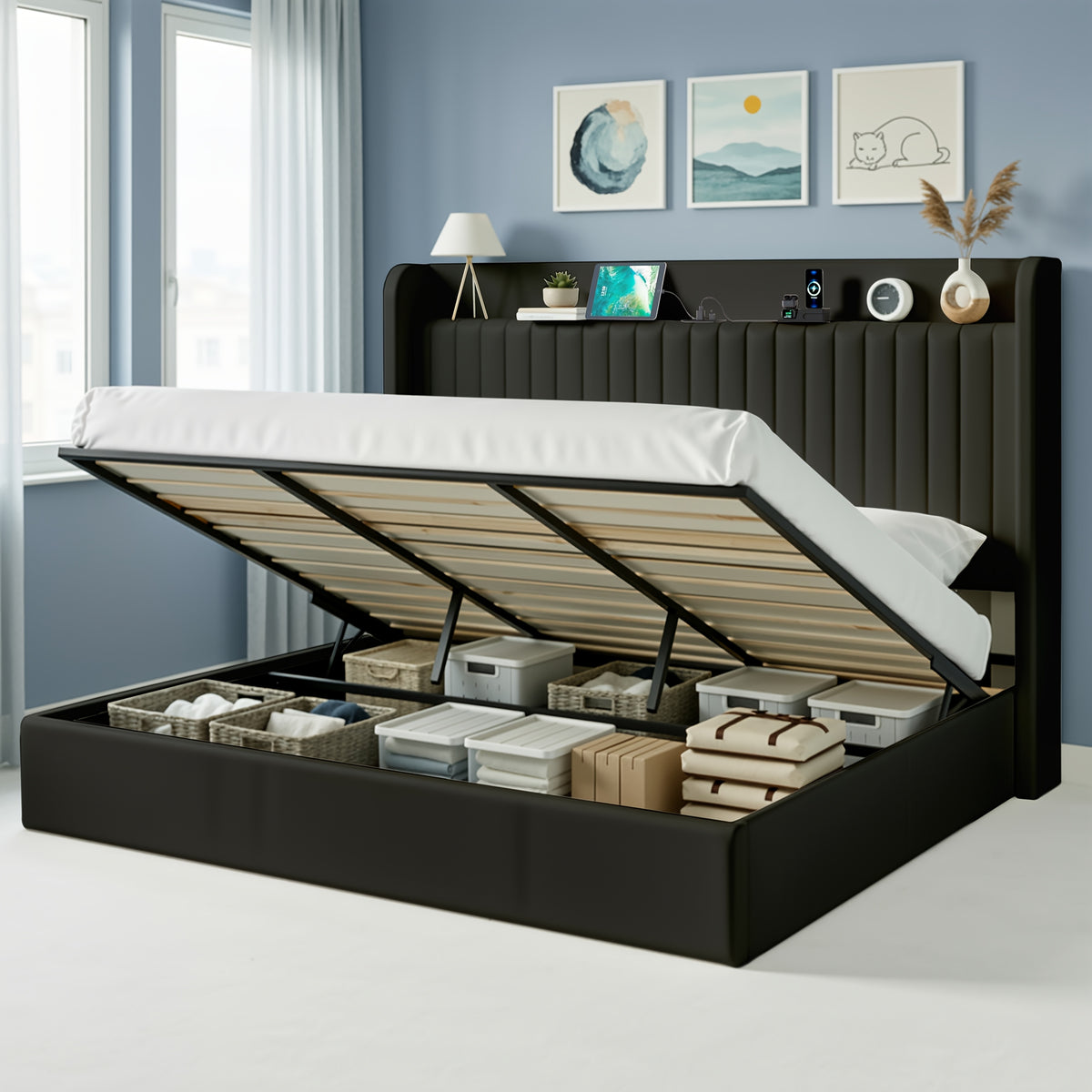 WEEWAY Lift Up Storage Bed Frame, Velvet Vertical Channel Headboard, Charging Station, Hydraulic Support, Noise-Free Wooden Slats, No Box Spring Needed, Bedroom Furniture, Masterroom, Guestroom, White, Black, Cream, Grey, Free Shipping