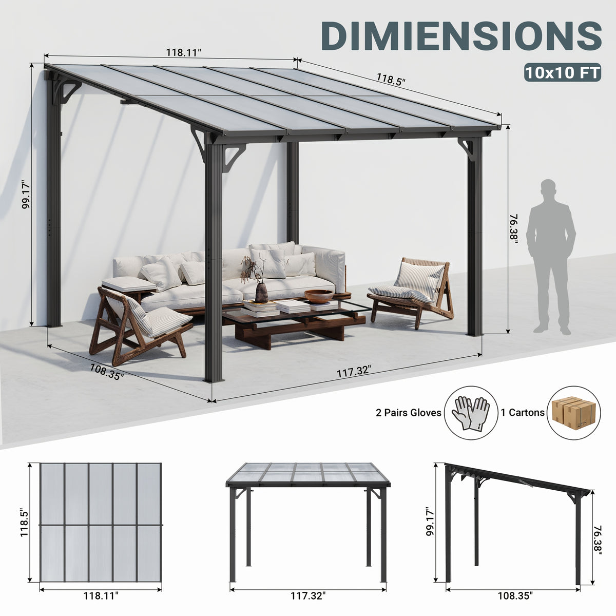 VIWAT Gazebo, Splicable Pergola With Aluminum Frame, Gazebos On, Wall Mounted Gazebo & Pergola, Awnings For Patio, For Backyard, Deck, Gray