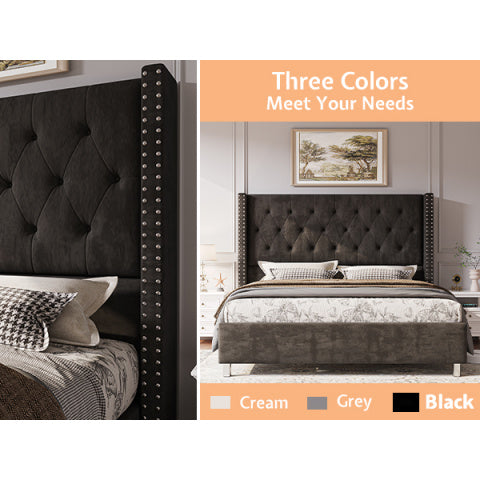 ALBOTT Upholstered Platform Bed Frame with 50 Inch Velvet Wingback Headboard, Button Tufted and Nailhead Trim, No Box Spring Needed, Easy Assembly