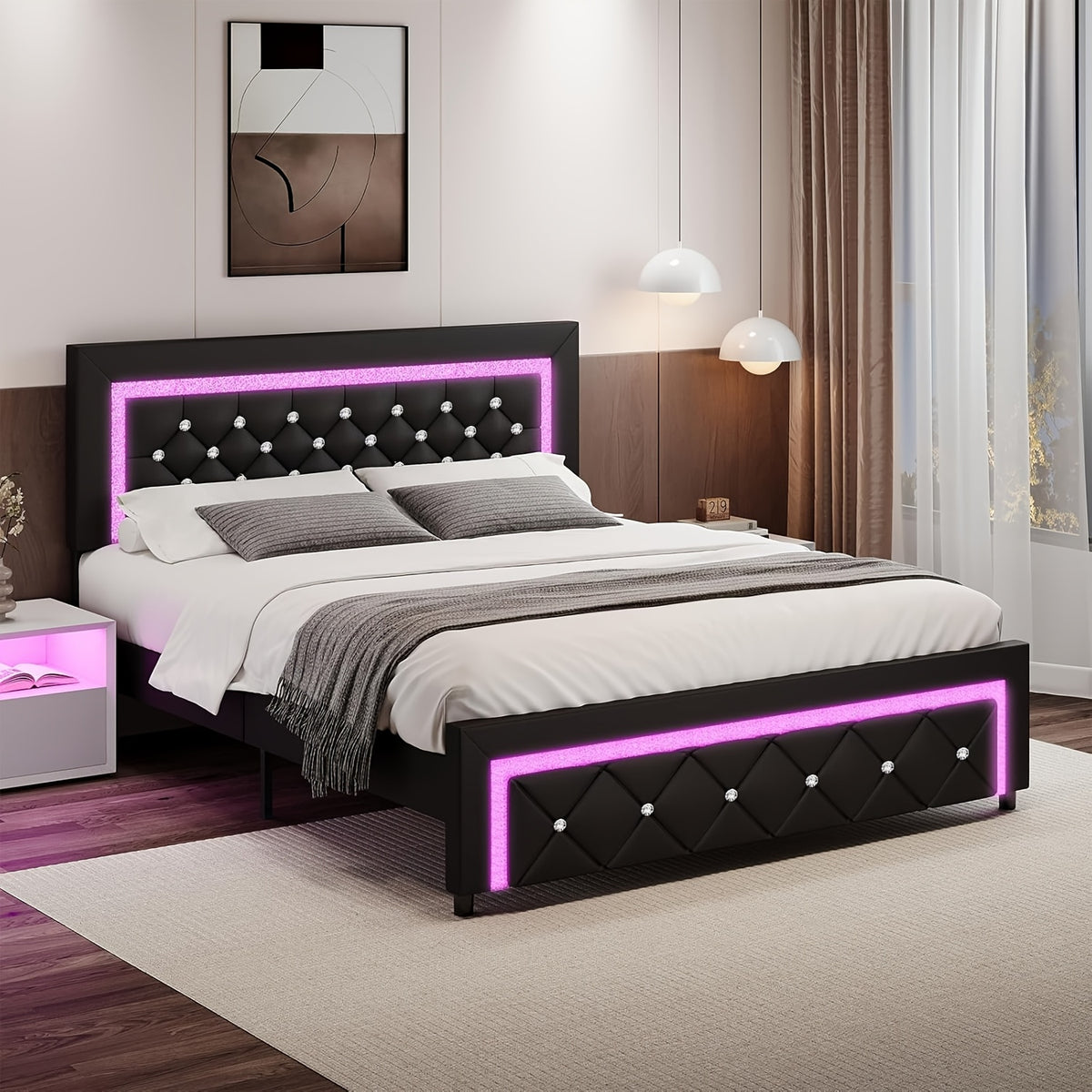Twin Full Queen Bed Frame with LED Lights, Upholstered Platform Bed with Diamond Tufted Headboard, No Box Spring Needed, Noise Free, Easy Assembly, Black/Pink/White