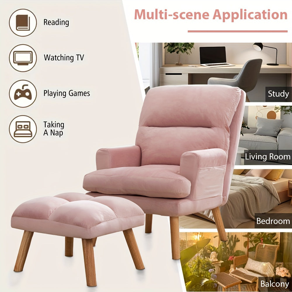 Home Furniture, Modern Style Single Sofa Chair with Ottoman, Adjustable Backrest And Side Pockets, Suitable for Living Room And Bedroom