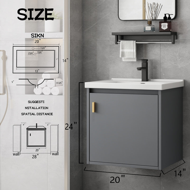 20'' Bathroom Vanity with Sink Combo, Wall Mounted Small Bathroom Vanity with Soft-Close Door Modern Floating Cabinet, Pop-up Drain, P-Trap Included, Gray