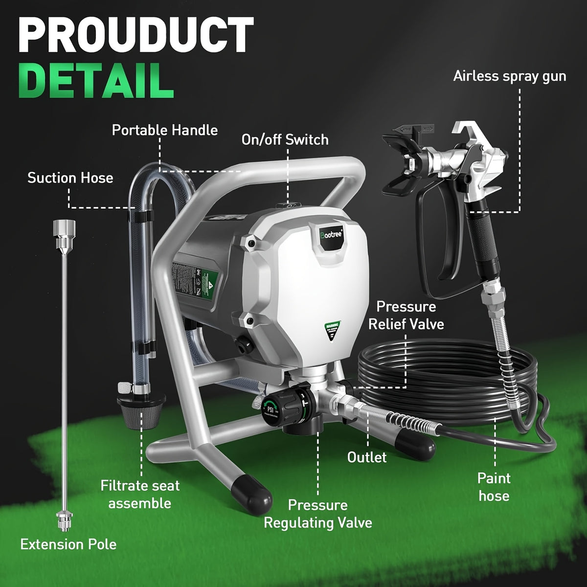 Airless Paint Sprayer with 3300PSI 1500W 0.39GPM, Highly Efficient Thinning-Free Minimal Overspray for Up to 10 Gallon DIY Painting Projects Home Interior & House Exterior