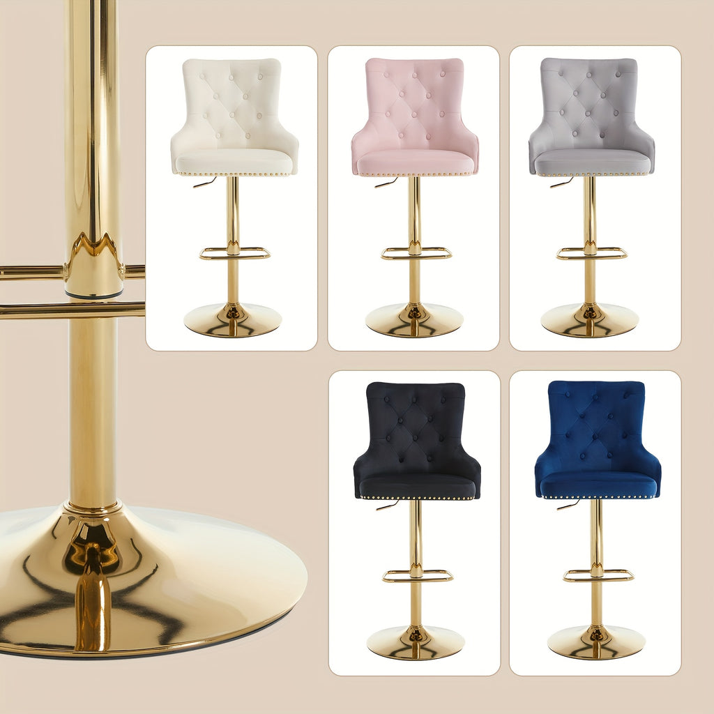 DMKAI Golden Lion Head Velvet Bar Stools Set Of 2, Luxury Diamond Tufted High Back, Adjustable Height 360° Swivel with Golden Base for Kitchen Island Home Bar