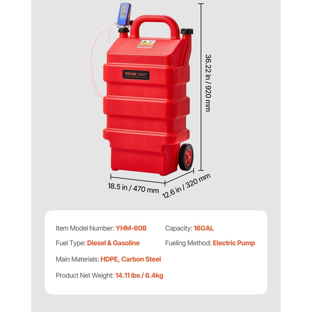 VEVOR Fuel Caddy 16 Gallon/ 32 Gallon Fuel Tank with 12V DC 2.5 GPM/ 15 GPM Electric Transfer Pump