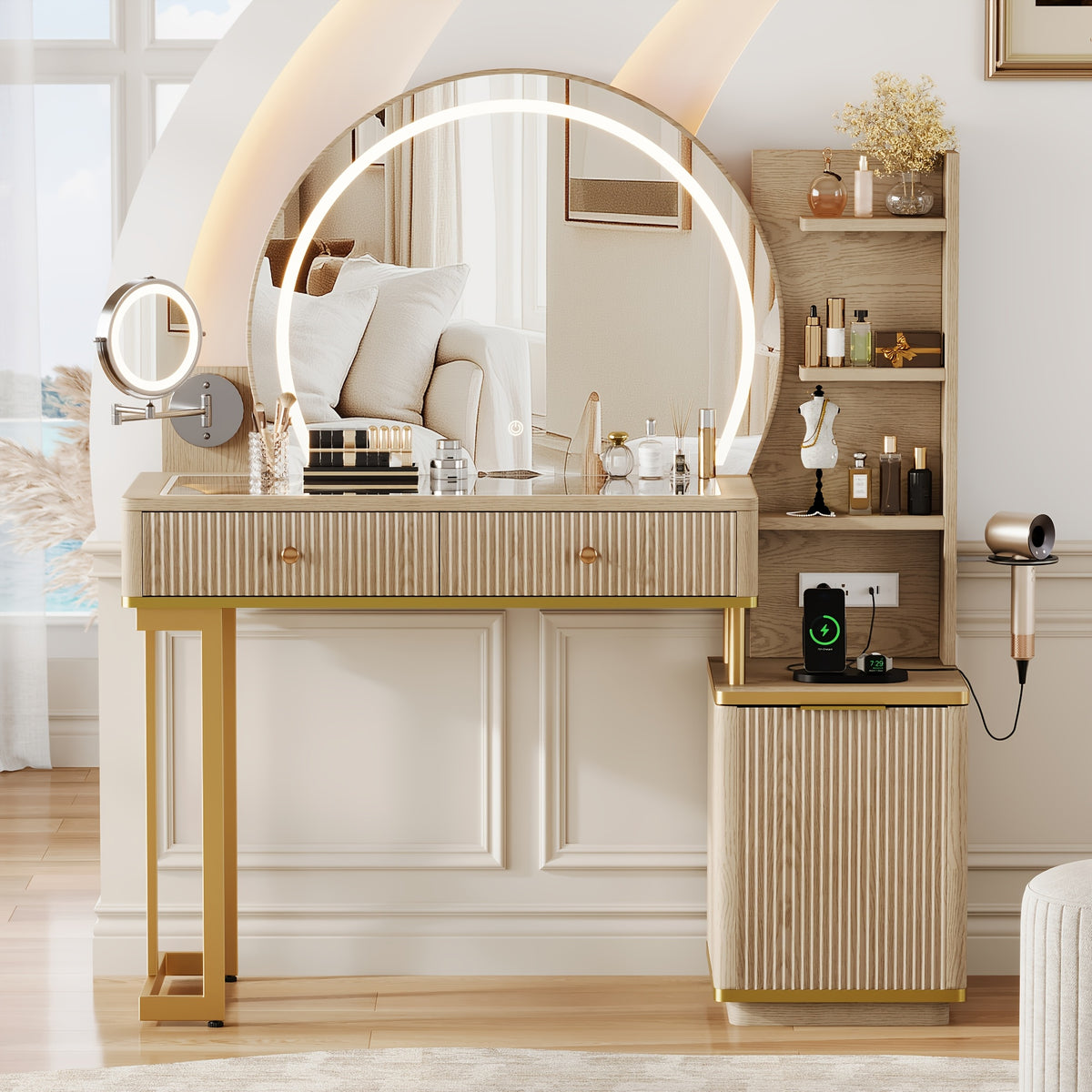 49.8"L Fluted Makeup Vanity Desk with Large 23.6"H Mirror And Lights, Modern Glass Top Big Vanity Table with 2 Drawers & Adjustable Shelves, Dressing Table with Charging Station for Bedroom