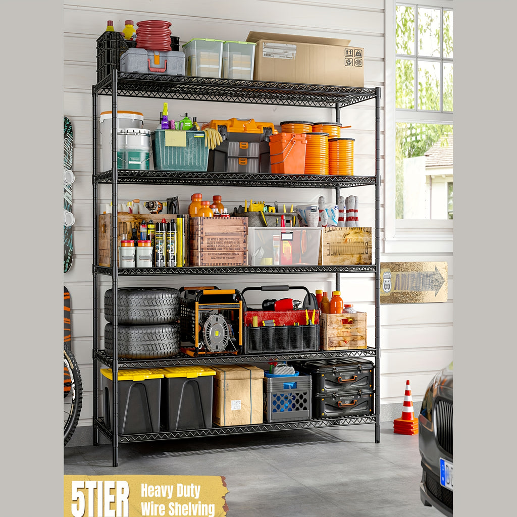 REIBII 85.7" H Storage Shelves 3000LBS 5 Tier Wire Shelving Unit with Wheels 55.5" W Heavy Duty Shelving Rack Adjustable Storage Rack Metal Shelves for Kitchen Pantry 85.7" H X 55.5" W X 24.2" D Storage and Organization