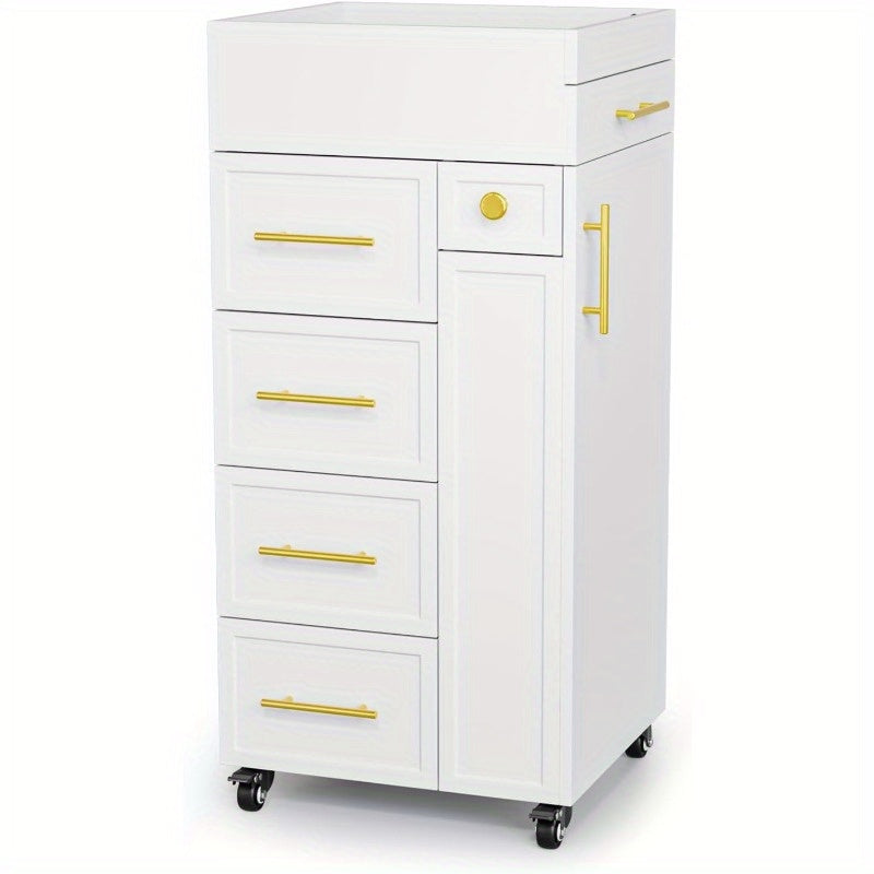 Heavy-Duty Salon Trolley Cart with 5 Drawers, 3 Tool Holders & Adjustable Shelf - Mobile Beauty Station with Locking Wheels, Large Top Surface - Sturdy Wooden Construction for Barber Shop, Salon, Spa, Home - Space-Saving Organizer Cabinet (White/Black) -